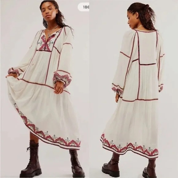 Free People Cream Midi Dress with Red Embroidery - Picture 2 of 12